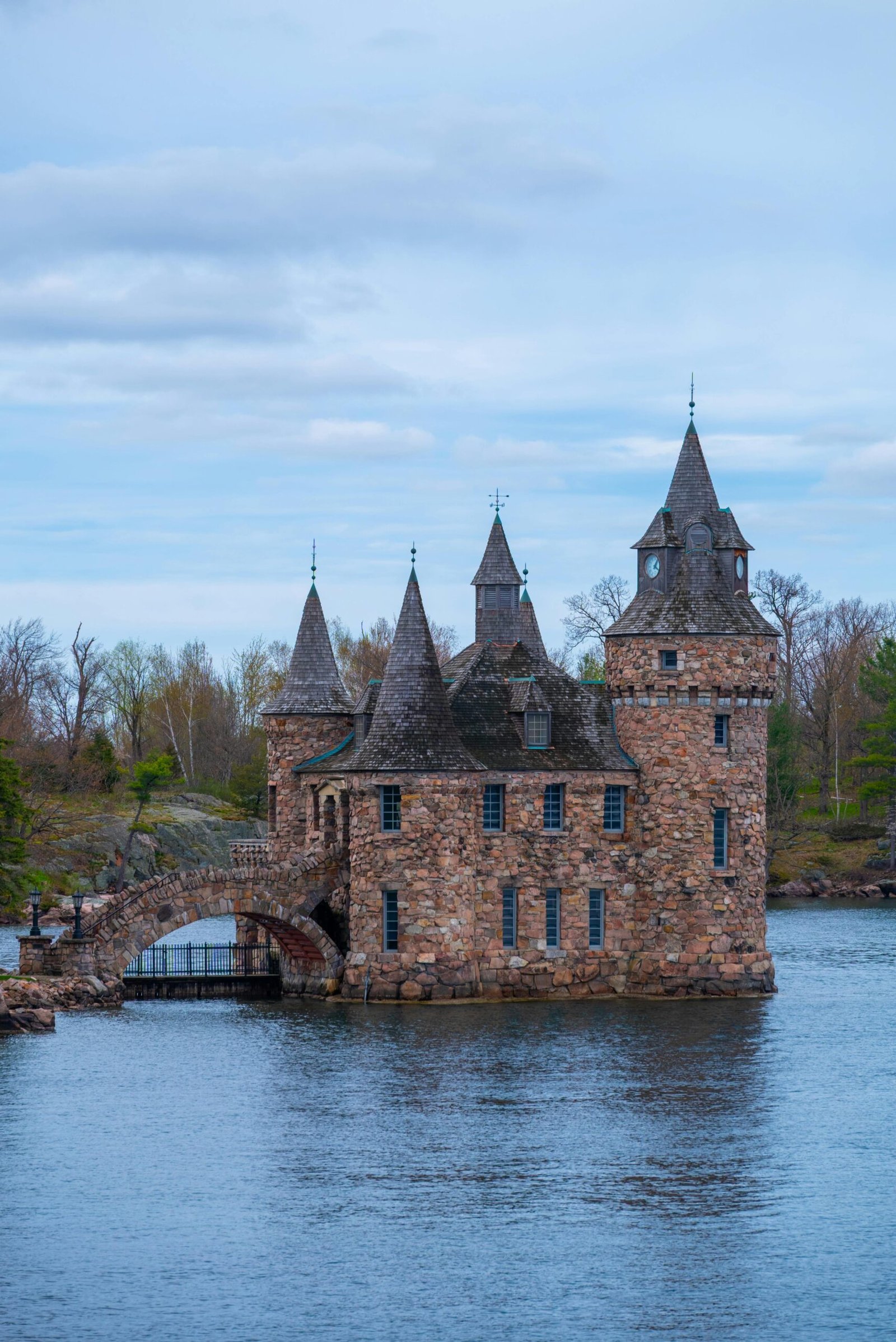 Beautiful view of Boldt Castle set against a cloudy sky in Alexandria Bay, New York.